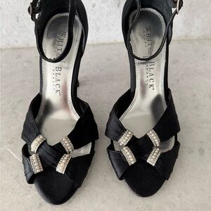 White House Black Market Black Satin Rhinestone Bow Ankle-Strap Heels